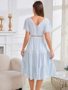 Camisón de mujer de manga corta, camisón de estilo coreano dulce con parches de encaje estilo princesa, adecuado para primavera, verano y otoño - Azul - Ver 2