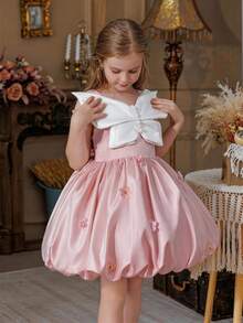 小女孩吊带3D花朵蝴蝶公主裙，适合小女孩生日派对、舞会、选美比赛、花童、伴娘、婚礼、节日庆典等场合。 - 淺粉色 - 查看 5