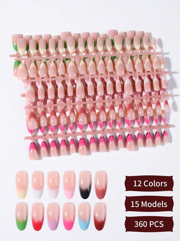 360pcs (12 Colors) Long Almond-Shaped White French Ombre Press-On Nail Stickers, Minimalist French Manicure Design, Perfect Fitting Long Almond-Shaped Acrylic False Nails, Pink French, White French, Yellow French, Red French, Green French, Black French And French Almond Nail Stickers, Suitable For Women's Daily Work, Festivals And Parties - Multicolor - View 2