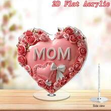 2D Acrylic Desktop Decor, Featuring Heart-Shaped Design With Rose And Ribbon Bow, Suitable For Mother's Day Home Decoration - A - View 5