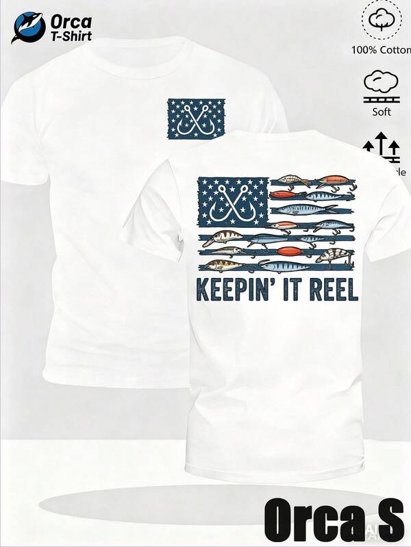 Camiseta de tela suave con cuello redondo y mangas cortas para hombres y mujeres, con estampado de anzuelo de pesca con bandera americana y frase "Stay True", ideal para uso casual, días festivos u obsequios, ropa con temática de exteriores