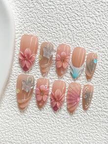 10片夢幻風手工穿戴甲，Polygel美甲套組，彩色閃亮水鑽水晶蝴蝶，藍色與粉色指甲油，優雅法式風，附美甲工具，3種尺寸可選，杏仁形、鴨嘴形、棺材形，適合派對、舞蹈、日常穿戴 - 彩色 - 查看 3