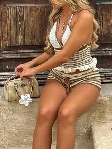 Women's New Striped Hollow Out Twist Back Halter Knit Top And Knitted Shorts Set, Beach Holiday Summer - Multicolor - View 7