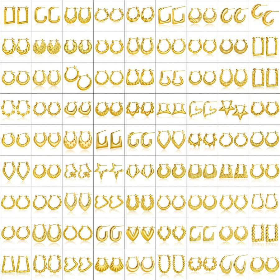 12 Pairs Of 304 Stainless Steel Earrings, A Thick Gold Ring-Shaped Jewelry Set, Embodying The Elegant Style Of Ladies - A Simple Japanese-Korean Style, With A Fashionable And Exquisite Asymmetrical Design, Suitable For Daily Wear And Party Occasions.Summer Jewelry Women,Earrings For Women - Gold - View 1