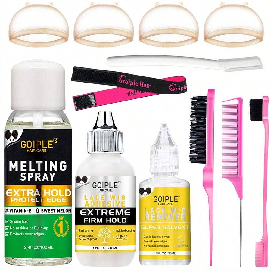 Goiple Waterproof Lace Glue Kit: Wig Melting Spray Extra Hold Glueless Adhesive For Bonding Lace Front, Includes Lace Melting Spray, Wig Glue, Adhesive Remover & Wig Setting Tools, Complete With A Full Set Of Accessories, Firmly Fixed And Long - Lasting, And Easy To Use. - 12件 - 查看 1