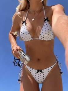 Bộ bikini gợi cảm cổ yếm in chấm bi trang trí nơ dành cho nữ mùa hè đi biển. - trắng - Xem 4