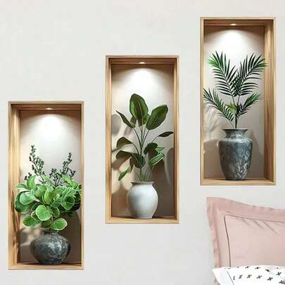 3pcs Green 3D Potted Plant Wall Stickers, Waterproof PVC Material, Easy To Paste And Remove, Suitable For Home Decor, Laundry Room, Closet, Lounge, Game Room, Bathroom, Bedroom, Kitchen, Wall Decoration, Office, Study Room And More