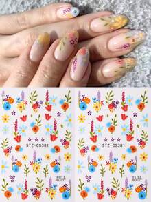 2 piezas Pegatinas de uñas 3D con flores y hojas coloridas, margaritas en flor y girasoles, calcomanías autoadhesivas deslizantes para manicura francesa, decoraciones de arte de uñas de primavera y verano, suministros de uñas DIY - Multicolor - Ver 2