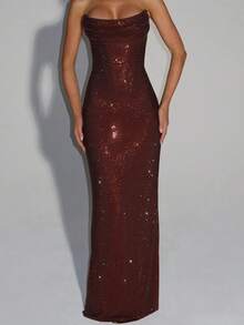 French Style Pure Desire, Light Luxury, High-End Women's Fashion, Socialite Style, Slim Fit, Sleeveless Sequined Long Evening Gown Dress - 酒紅色 - 查看 3