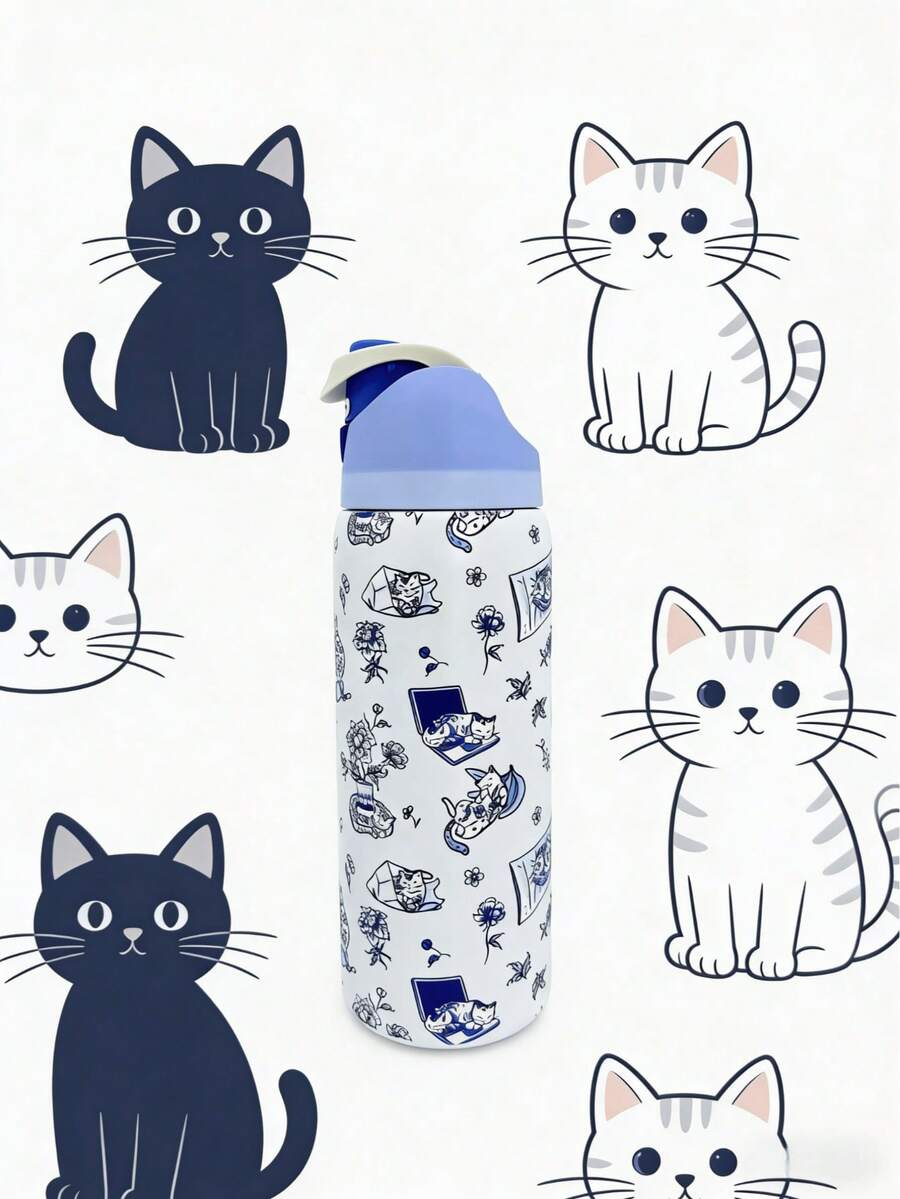 Owaalaa 32OZ Insulated Stainless Steel Water Bottle With Straw,Lazy Cats,One-Click Lid + Leak-Proof, Sip With One Hand While Hiking/Jogging. A Perfect Holiday Gift For Sporty Loved Ones-Large Capacity + Sleek Finish, Practical & Stylish, Ready To Use - 藍白色 - 查看 1