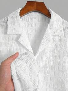 Men's Popular Personalized Fashion Elastic Knit Textured Bubble Plaid Breathable Cardigan With Suit Collar And Buttons, Suitable For Casual, Commuting, Hawaiian, Bohemian Style, New Summer Short Sleeve Shirt - White - View 1
