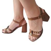 Sandália Feminina Salto Bloco 8cm a Laser com Fivela Confortável Moda Elegante Festa Casual - cappuccino - Visão 1