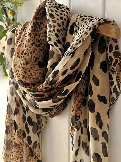 1 Peça Lenço de Chiffon com Estampa de Leopardo Elegante e Casual Feminino, Comprimento Pequeno, Leve e Portátil, Adequado para Uso Diário, Presente de Férias, Praia
