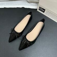 Women's Bow-Knot Pointed Toe Shoes, Soft Bottom Hidden Wedge Loafers, French Style Breathable Bow Slip-On Shoes, New Versatile Soft Leather Low Vamp Flat Shoes For Office Work - Black - View 8