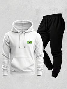 Men's Casual Hoodie And Slim Fit Jogger Pants Set, Brazilian Flag Print, Comfortable Sportswear For Winter, Modern Streetwear, Urban Men's Look, Soft And Breathable Fabric + FREE BRAZILIAN FLAG GIFT - 白色 - 查看 2