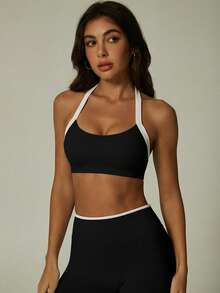 Yoga Workout Set, Contrast Trim Sports Bra & Butt Lifting Leggings For Gym & Running - Black - View 2