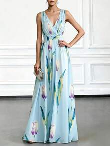 Đầm dạ hội dài màu xanh dương thanh lịch, quyến rũ, cổ chữ V sâu, in họa tiết hoa, nền xanh nhạt với họa tiết hoa tulip, thiết kế cổ chữ V chéo ở eo, thích hợp cho các bữa tối trang trọng, đám cưới, tiệc tùng, ngày lễ, họp mặt, hẹn hò đêm, kỳ nghỉ. - Màu xanh lam - Xem 4
