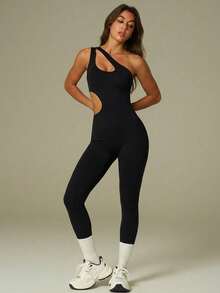 UONNOU Bộ đồ thể thao nữ 1 mảnh, kiểu dáng xuân hè, đồ liền thân, trang phục thể thao, đồ tập yoga, không tay một vai, thiết kế hở lưng gợi cảm, nâng mông, thon eo và kiểm soát bụng, định hình toàn thân, xếp ly ở mông để tránh gây khó chịu, vải dệt kim mềm mại không đường may, kiểu dáng thể thao thời trang, phù hợp cho thể thao, hoạt động ngoài trời, yoga, tập gym, chạy bộ và mặc thường ngày. - màu đen - Xem 7