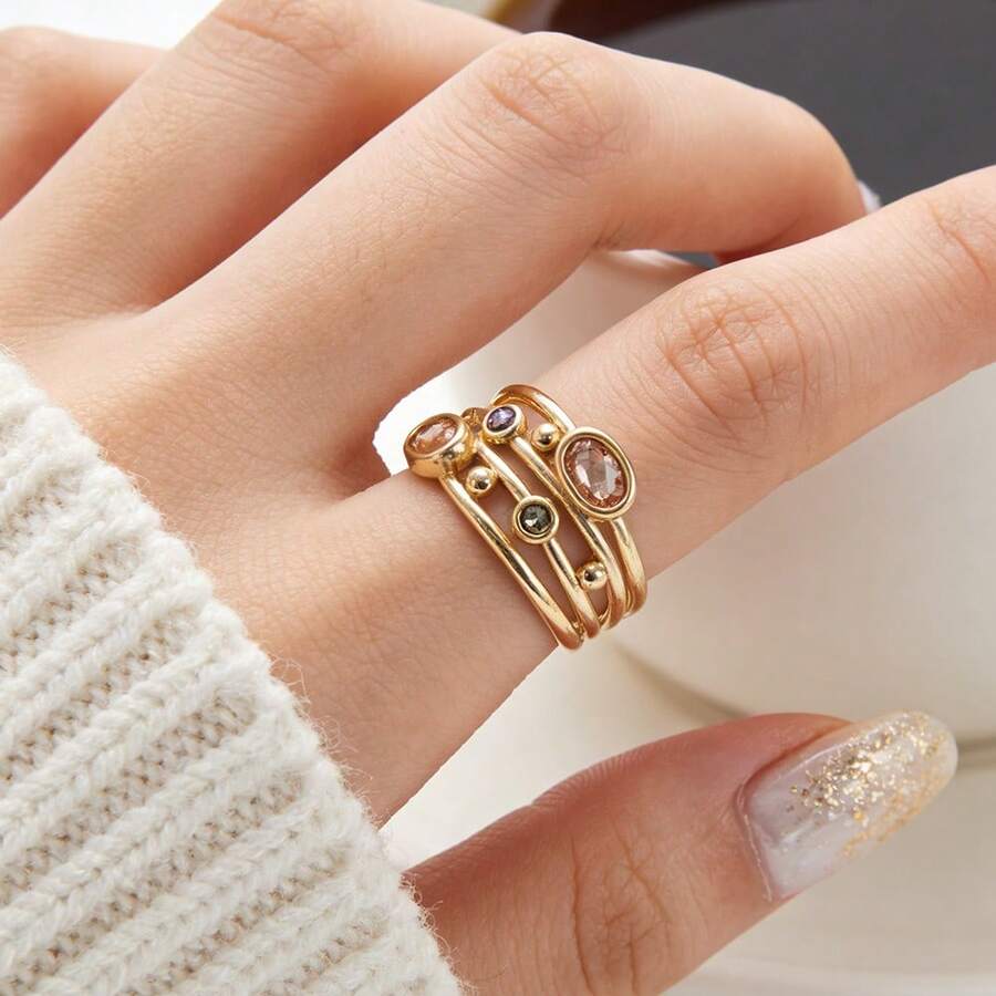 Nhẫn pha lê rỗng kiểu Bohemian: Thiết kế chạm khắc tinh xảo, lấp lánh và quyến rũ. - Vàng - Xem 1