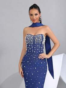 Elegant Pearl Decor Side Slit Strapless Bridesmaid Dress, Holiday Party Bandage Dress - Royal Blue - View 2