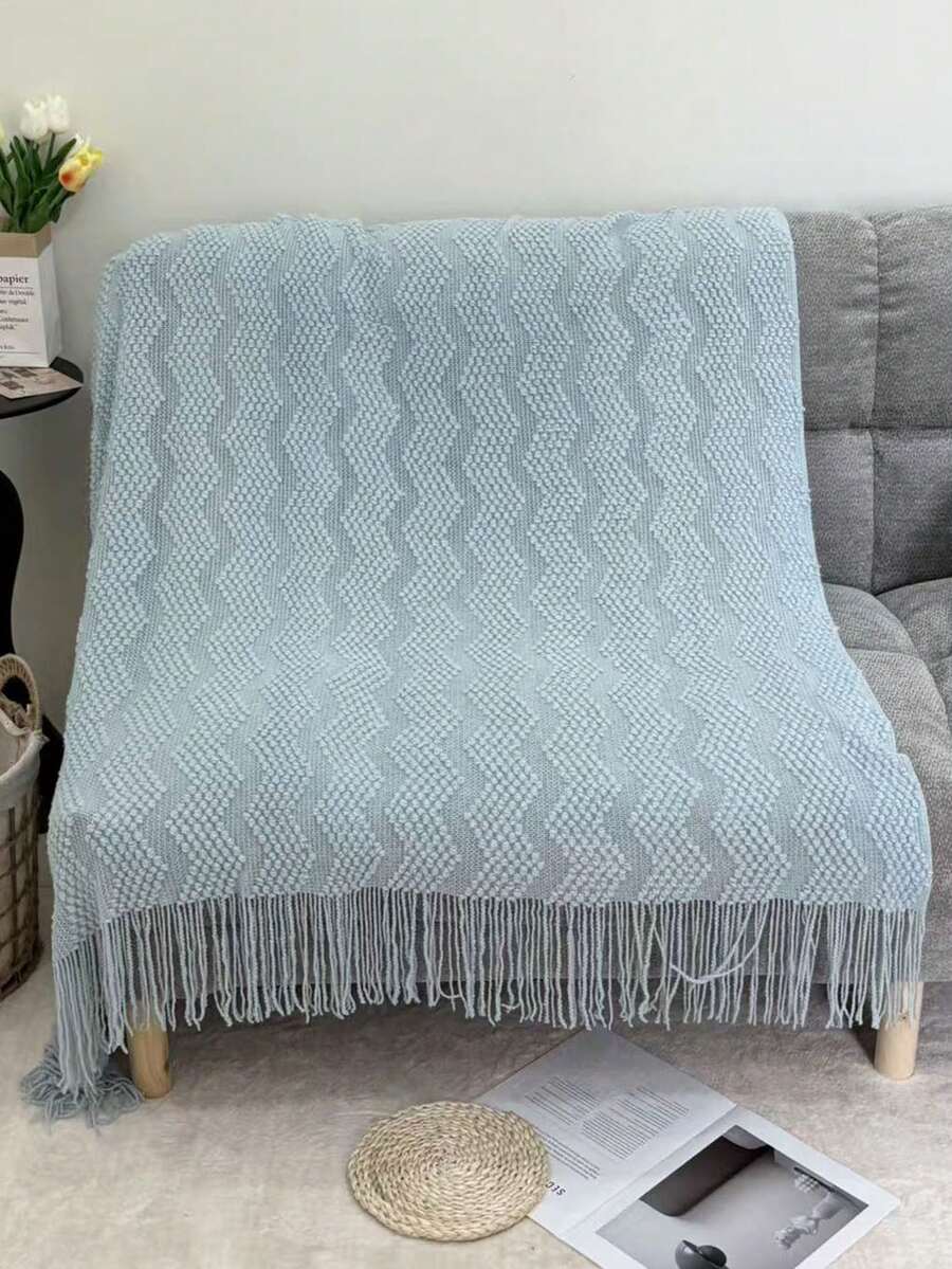 Manta de punto acogedora con detalle de volantes para todas las estaciones, multiusos y cómoda para acampar, sofá, tomar el sol y siestas, manta de punto con ribete de volantes, manta de camping - Tira curva de burbuja azul - Ver 1