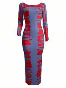 Spring And Summer Elegant Long-Sleeved Ankle-Length Tie-Dye Contrasting-Color Print Tight-Fitting Dress, Sexy Tight-Fitting Figure-Hugging Long Dress For Women - 霧霾藍 - 查看 5