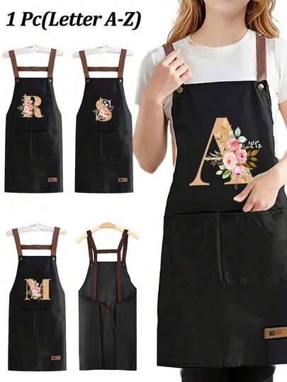 Tạp dề đeo vai vui nhộn với túi tiện dụng, in chữ cái hoa vàng A-Z cá nhân hóa, unisex, dây đeo chắc chắn, túi lớn, có thể giặt, chống bám bẩn, thích hợp cho nhà bếp, thợ làm tóc, người làm vườn, đầu bếp, trường dạy làm đẹp chuyên nghiệp, đám cưới, tiệc tùng - Nền trang nhã - Tạp dề làm việc dễ lau chùi, phụ kiện salon tóc, trang phục salon, chất liệu vải, món quà và vật kỷ niệm hoàn hảo cho các ngày lễ, sinh nhật, tiệc tùng, đám cưới và Ngày Valentine, Ngày của Mẹ.