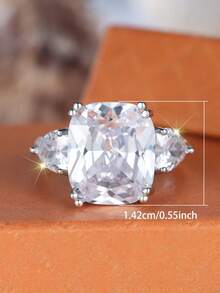 Vanel 1piece Luxury Silvery Cushion Cut White Cubic Zirconia Ring, Three-Stone With Side Accents Design, Fashion Jewelry For Women, Elegant Jewelry Gift For Her - Silver-white - View 5