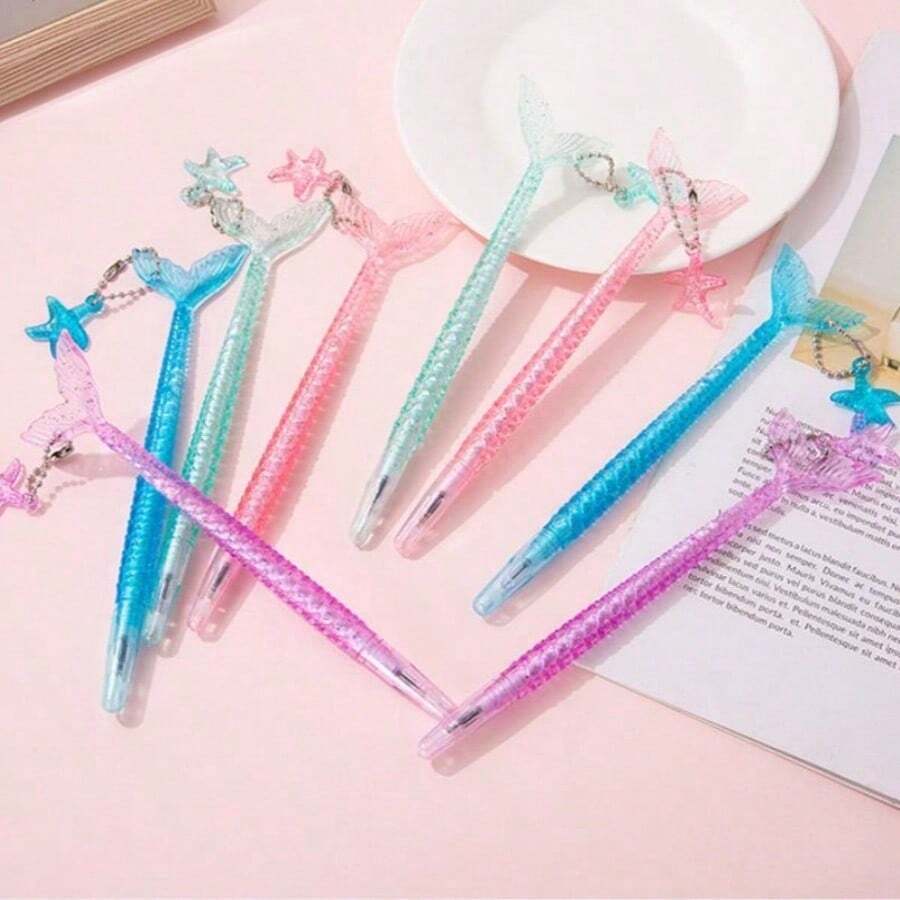 1/5/12 Pcs Mermaid Tail & Star Pendant Ballpoint Pen, 0.5mm Black Ink Retractable Pen For Students & Office Use - Fishtail Ballpoint Pen - View 1