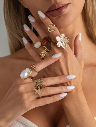 9件套波西米亚复古夸张金属花朵、海星、水滴叠戴吊坠戒指套装，奢华优雅，适合婚礼、派对、度假、日常休闲、街拍，女士及情侣节日生日礼物，几何仿珍珠戒指