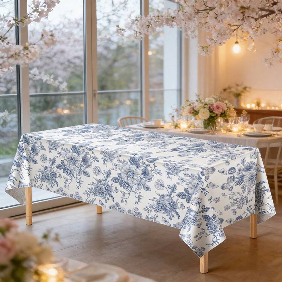 Bộ 3 món gồm 1 khăn trải bàn nhựa họa tiết hoa màu xanh dương, kích thước 137*265 cm, khăn trải bàn hình chữ nhật cổ điển, khăn trải bàn dùng một lần họa tiết hoa màu xanh dương, trang trí bàn màu xanh hải quân và trắng, thích hợp cho đám cưới mùa xuân, tiệc tùng, tiệc trà và tiệc sinh nhật. - Hoa màu xanh - Xem 1