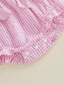 Mono de bebé niña a cuadros, bordado estilo béisbol, cuello de muñeca, manga corta, body para bebé con diadema. - Rosa - Ver 9