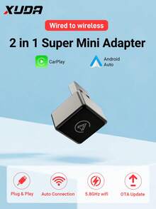 XUDA 2026 New Super Mini Wireless To Wired CarPlay And Android Auto 2-In-1 AI Box, Plug And Play, Suitable For 99% OEM Vehicles, Wired CarPlay/Android Auto, 2.4~5.0 GHz WiFi5, Fashionable And Portable - B - View 1