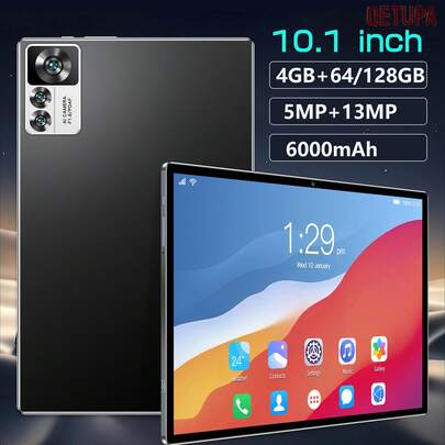 Qetupa 10.1英寸安卓15平板电脑，MTK 6755八核2.0GHz处理器，4GB内存，64GB/128GB存储空间，1280x800高清IPS触摸屏，蓝牙5.2和WiFi 6，500万像素前置摄像头和1300万像素后置双摄像头，6000mAh大容量电池（不含适配器）