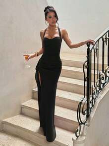 Vestido de fiesta elegante y sexy de unicolor, con diseño de espalda descubierta y abertura asimétrica/alta hasta el muslo, adecuado para bodas, vacaciones en la playa, uso en primavera/verano, color negro - Negro - Ver 4