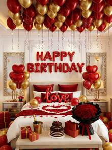11/563件組 紅色與金色生日氣球花環套組，包含紅色玫瑰花瓣、Happy Birthday鋁箔橫幅、心形金屬膜氣球、金屬色乳膠氣球，適用於女性生日、週年紀念、婚禮、求婚、浪漫房間裝飾、拍照背景牆 - 款式三 - 查看 2