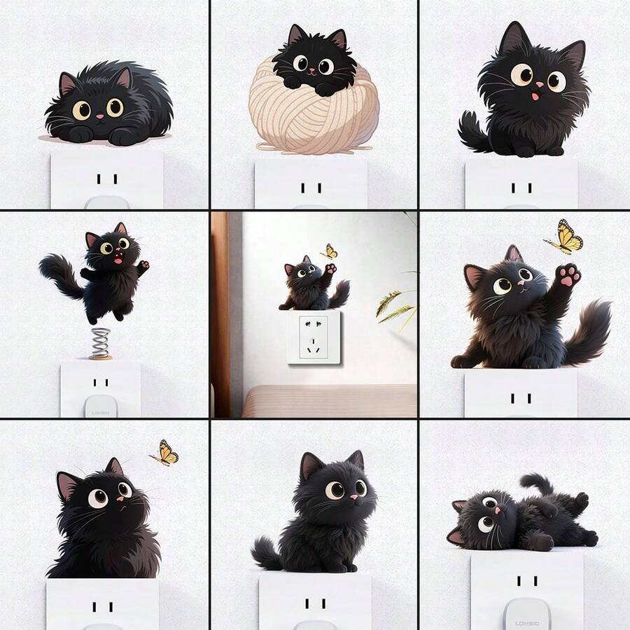 8 Pieces/Set Cute Cat Switch Stickers,Lovely Kitten Wall Decor For Bedroom,Living Room,Self-Adhesive Wall Stickers - 8 Pieces Cat - View 1