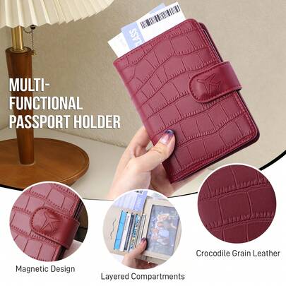 EIGIIS 1 pieza Portapassaporte con estampado de cocodrilo, funda para pasaporte con múltiples ranuras para tarjetas, estuche de pasaporte, identificación y tarjeta de crédito de moda para mujer