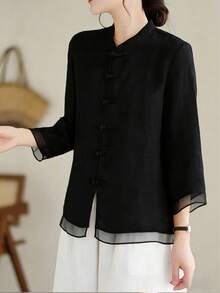 Loose Retro Chinese Style Three-Quarter Sleeve Patchwork Design Shirt Black - Black - View 2