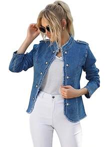 Women's Casual Denim Jacket, Long Sleeve Basic Frayed Hem Button Down Denim Jean Jacket Denim Coat With Double-Button Closure, Slim Fit Casual Outerwear For Daily Wear, Vacation, Travel, Weekend Outings, Spring, Autumn Stylish Outfits - 藍色 - 查看 4