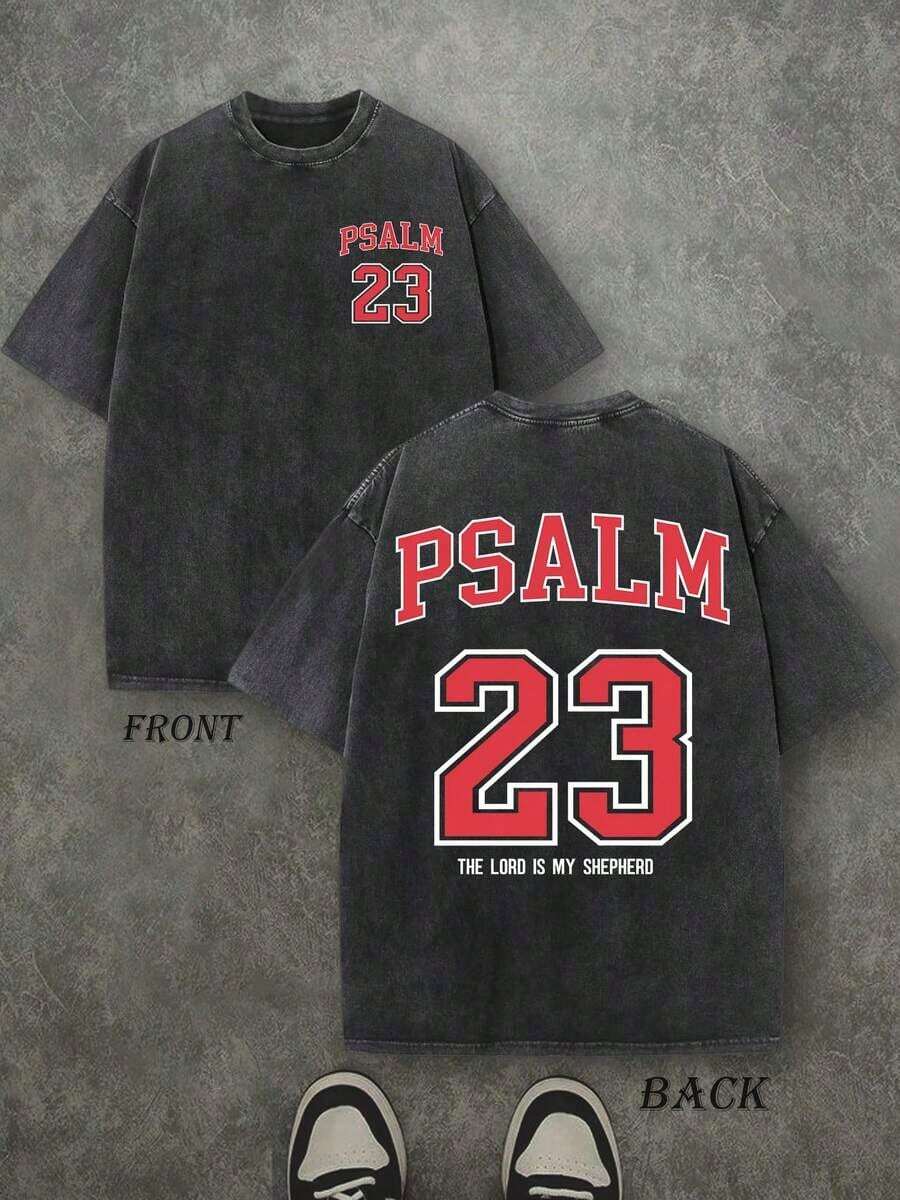 PSALM 23 Christian T-Shirt, T-Shirt With Bible Scripture 'THE LORD MY SHEPHERD', Vintage Retro Washed T-Shirt With Double-Sided Print (230 G/M² Cotton T-Shirt), Shirt - 黑色 - 查看 1