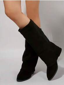 Suede Knee-High Boots For Autumn/Winter, French Style With Chunky Heel And Pointed Toe. Ref 9002 - màu đen - Xem 9