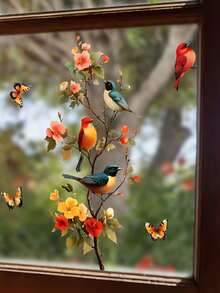 1pc Pastoral Floral & Bird Window Sticker, Butterfly & Flower Decor Adhesive Glass Sticker, Bedroom/Living Room Wall Decor Sticker, Exquisite Home Decor Sticker - B - View 7