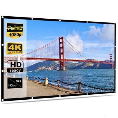 VOJCBKRE Màn chiếu ngoài trời 150 inch, màn chiếu tỷ lệ 16:9 có thể giặt được, màn chiếu gấp gọn di động cho rạp chiếu phim tại nhà và trong nhà, hỗ trợ chiếu hai mặt, kèm móc treo.