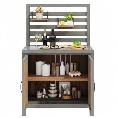 Weatherproof Wooden Garden Cabinet: Tool Shed With Stainless Steel Worktop, Barbecue Area With Adjustable Shelves And Storage Compartments, Kitchen Cupboard For Patio, Balcony Or Garden.