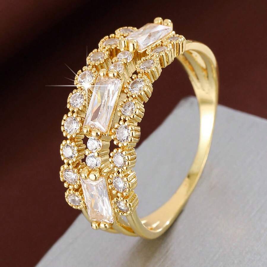 1 chiếc nhẫn nữ thiết kế tối giản hình chữ nhật và đường chấm chấm, đính đá Cubic Zirconia. - Nhiều màu - Xem 1