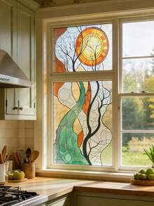 1 unidade de película estática colorida para janela com paisagem de árvore ao pôr do sol, 44,5 x 100 cm (17,5 x 39,4 polegadas), removível sem cola, adesivo decorativo para janela com proteção UV e privacidade, ideal para cozinha, sala de estar, quarto, banheiro e decoração de casa. - Multicolorido - Ver 10