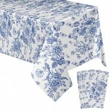 Bộ 3 món gồm 1 khăn trải bàn nhựa họa tiết hoa màu xanh dương, kích thước 137*265 cm, khăn trải bàn hình chữ nhật cổ điển, khăn trải bàn dùng một lần họa tiết hoa màu xanh dương, trang trí bàn màu xanh hải quân và trắng, thích hợp cho đám cưới mùa xuân, tiệc tùng, tiệc trà và tiệc sinh nhật. - Hoa màu xanh - Xem 9