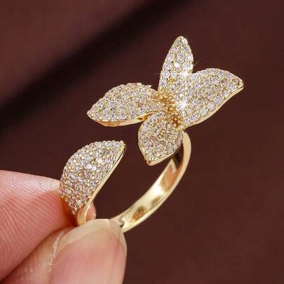 1pc Rustic Style Leaf Shaped Artificial Zirconia Adjustable Ring For Women