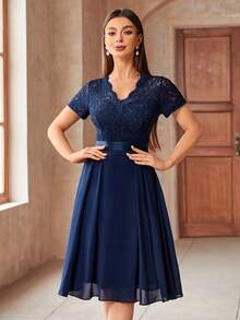 MIUSOL Elegant V-Neck Floral Lace Pleated Hem Chiffon Swing Dress, Suitable For Wedding Guests, Prom, Graduation Ceremony Summer - Navy Blue - View 7